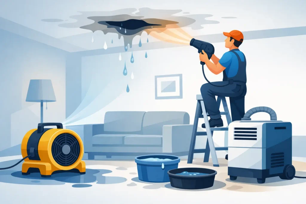 Roof Leak Ceiling Drying After Water Damage