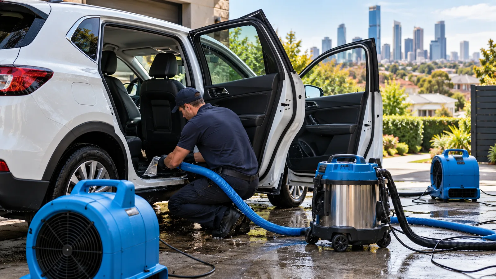 Professional water damage restoration in Melbourne with drying equipment